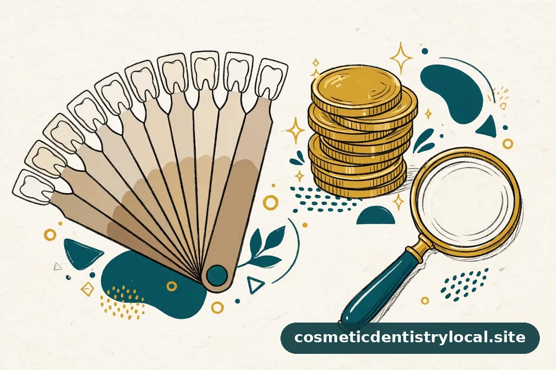Illustration of a dental shade guide, coins and magnifying glass representing comparing whitening costs