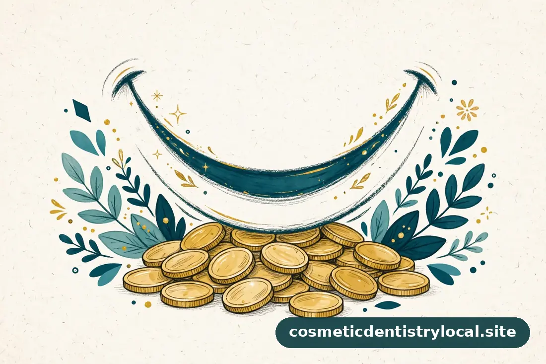 Editorial illustration of a bright smile arc with gold accents representing an affordable smile fix
