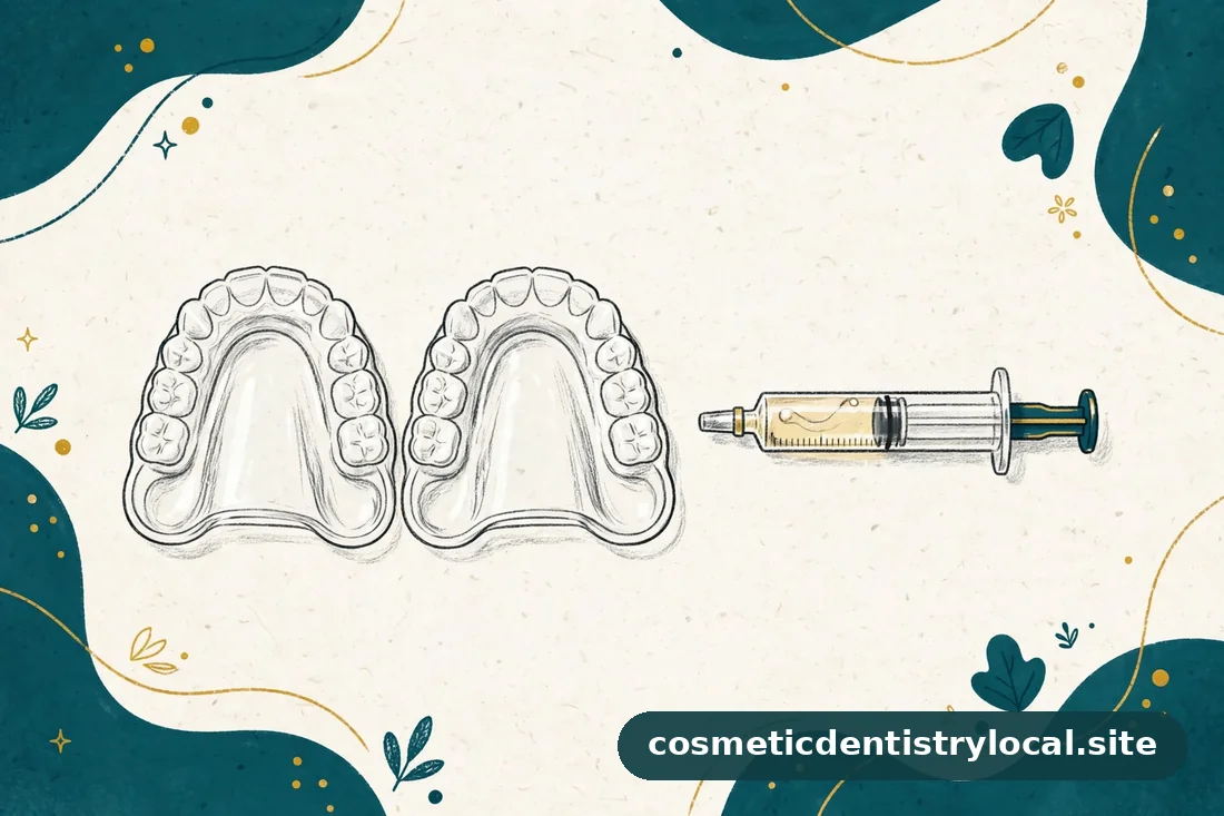 Illustration of custom whitening trays with gel applicator representing take-home professional whitening