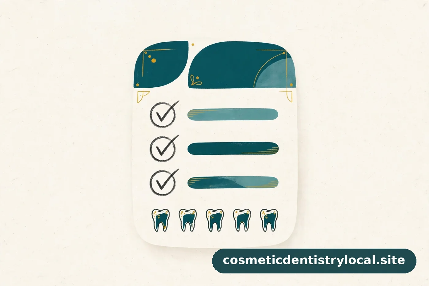 Editorial illustration of an abstract treatment plan document with tooth icons representing a smile makeover plan