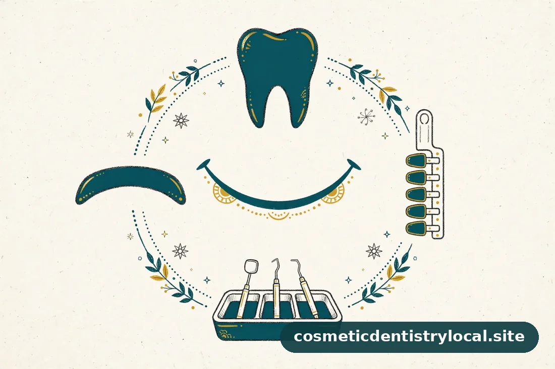 Illustration of multiple dental procedure icons arranged around a smile representing combined makeover treatments