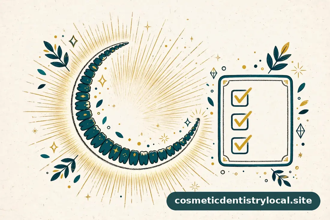 Editorial illustration of a transformed bright smile arc with a treatment checklist representing makeover results
