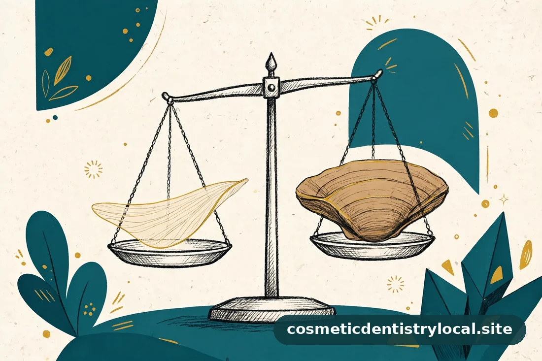 Editorial illustration of a balance scale weighing a thin veneer shell against a traditional veneer