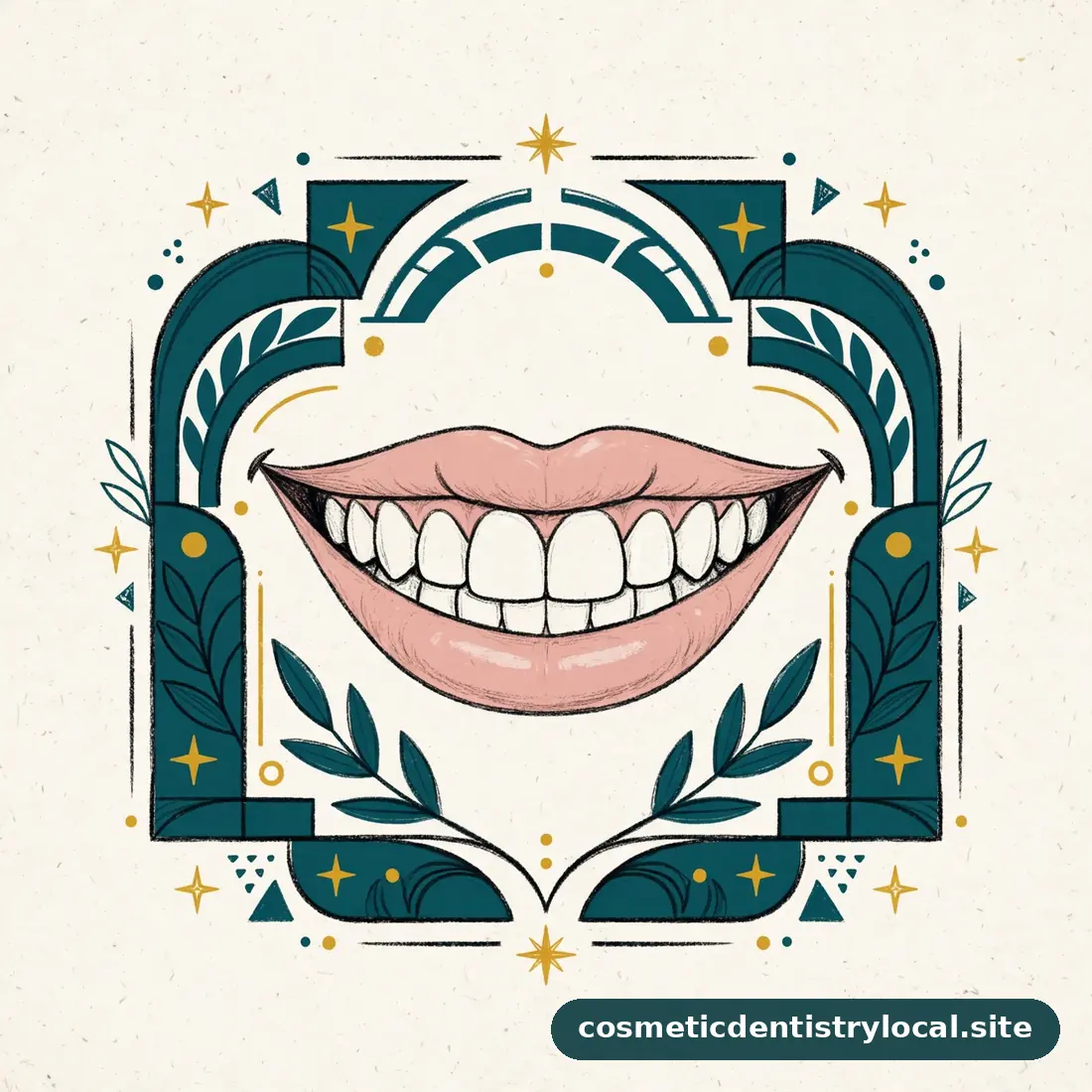 Editorial illustration of a balanced smile frame with even gumline and gold accents