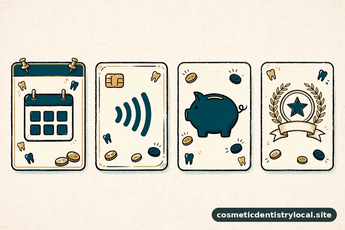 Illustration comparing financing options as labeled cards — payment plan, medical credit card, HSA/FSA, savings plan — in warm editorial style