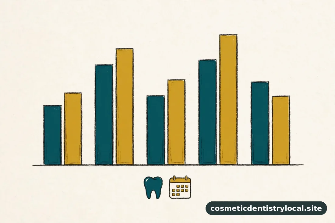 Illustration of a simple bar chart comparing 15-year lifetime cost of one porcelain veneer versus repeated dental bonding, in warm editorial style