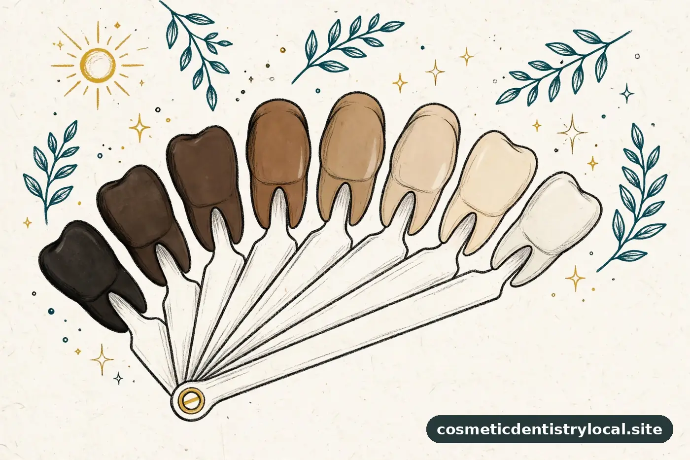 Warm editorial illustration of a dental shade guide showing teeth shades from darker to brighter, with teal and gold accents on ivory