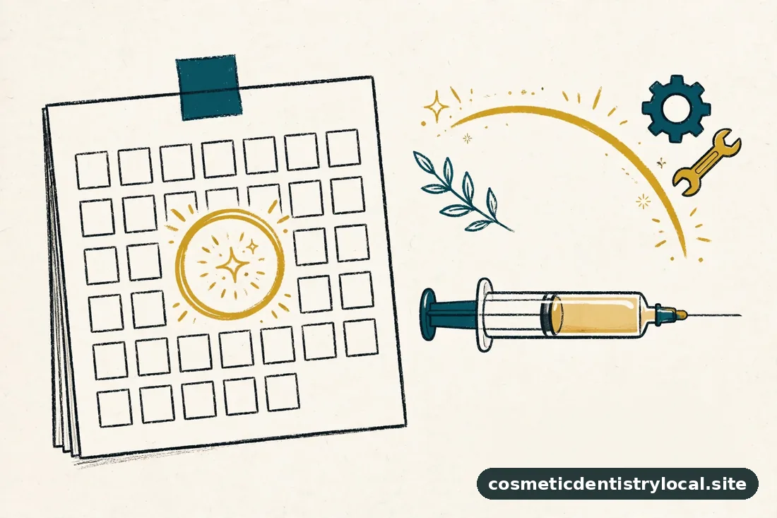 Editorial illustration of a calendar with whitening touch-up reminders and a gel syringe, representing maintenance, in soft teal and gold