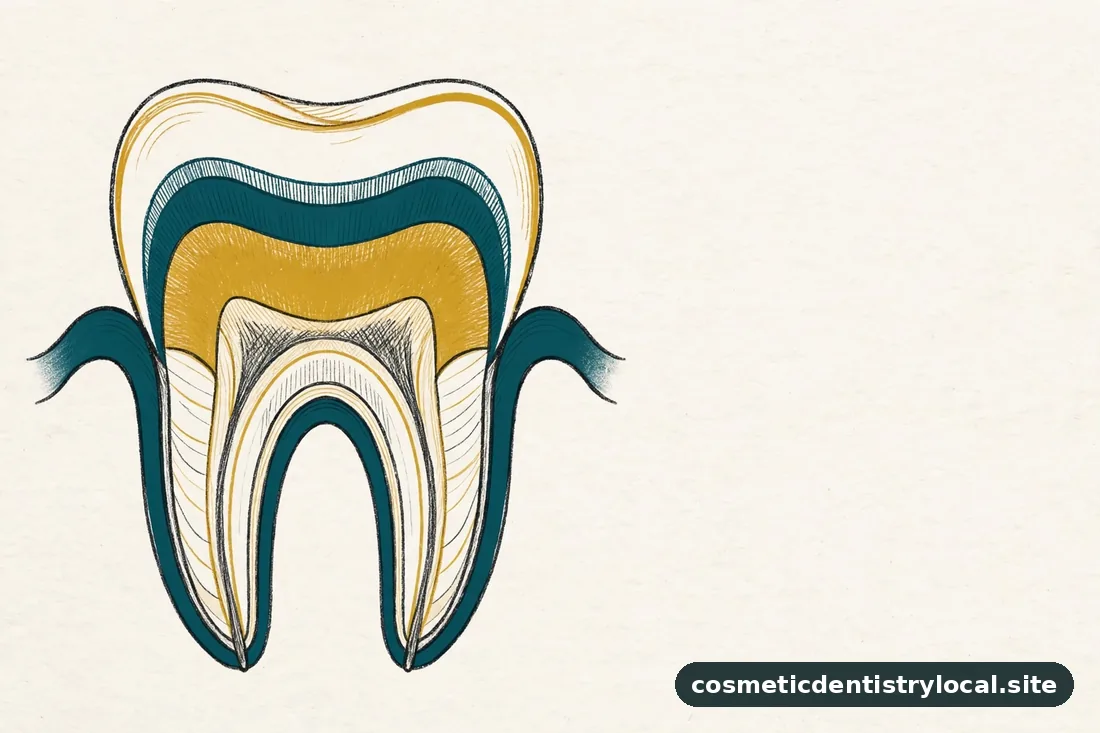 Illustration of a tooth cross-section showing prep work layers — cleaning, filling, gum contouring — beneath a veneer, warm editorial style