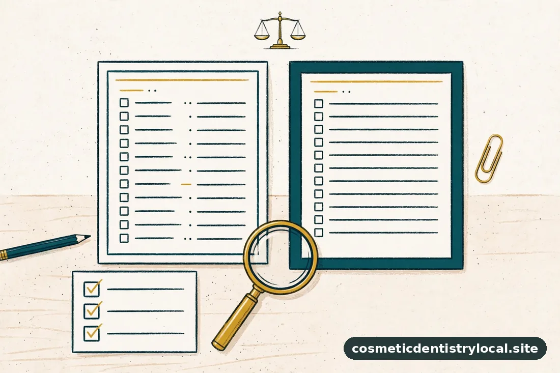Editorial illustration of two itemized dental quotes side by side on a desk with a comparison checklist, in soft daylight style