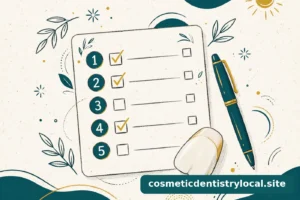 Warm editorial illustration of a numbered consultation checklist with checked boxes, a pen, and a veneer beside it, in teal and gold on ivory
