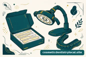 Warm editorial illustration comparing a box of whitening strips with a dental lamp and a whitening tray, teal and gold on ivory