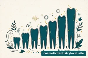 Warm editorial illustration of stylized teeth arranged in an ascending bar-chart formation representing rising cosmetic dentistry prices, teal and gold on ivory