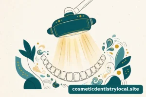 Warm editorial illustration of a laser whitening lamp shining over a full arch of teeth, in teal and gold