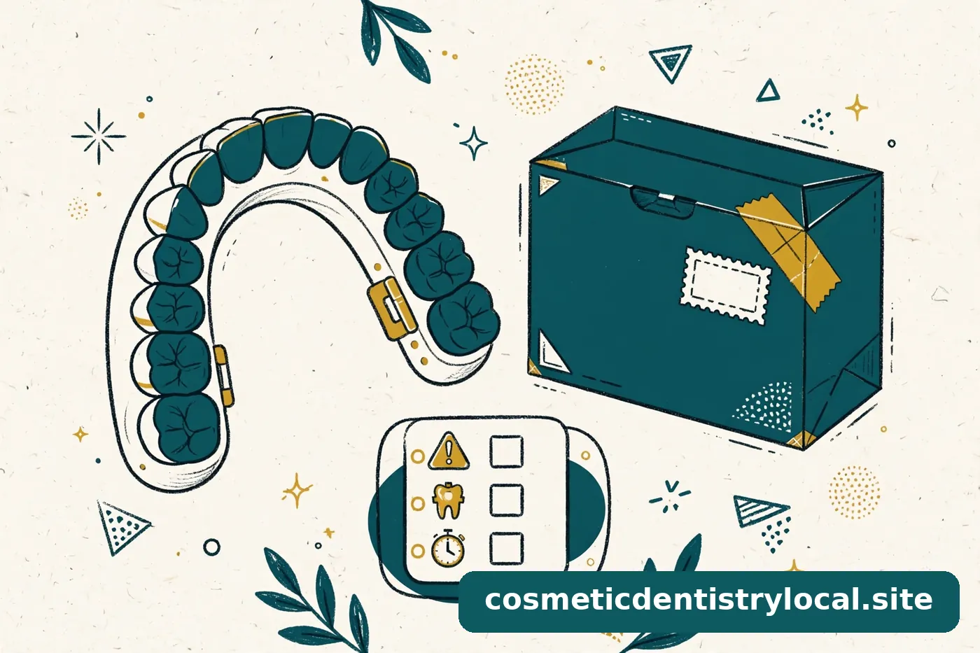 Warm editorial illustration of a mail-order veneer kit with an impression tray, a shipping box, and a safety checklist with a warning icon, teal and gold on ivory