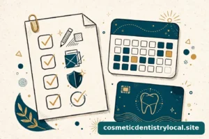 Warm editorial illustration of a benefits checklist document with a calendar and a dental insurance card, in teal and gold
